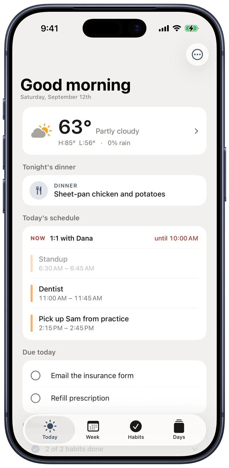 Today Hub's Today screen on an iPhone: Good morning above Saturday, September 12th; 62 degrees and partly cloudy; tonight's dinner; and today's schedule with the current meeting marked NOW, running until 10:00 AM.