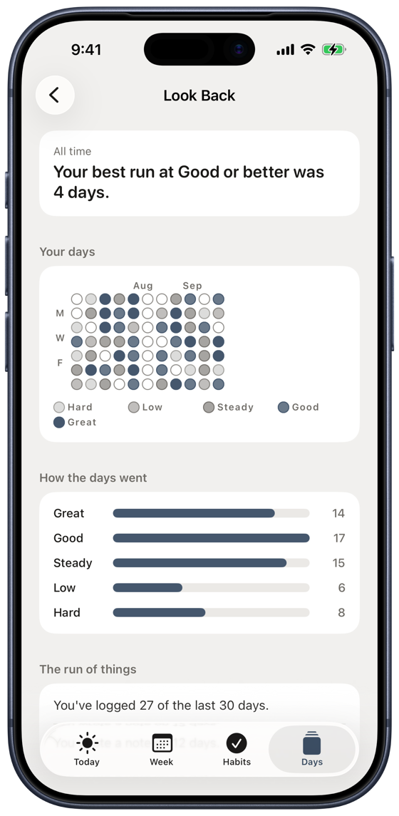 What the days add up to — A year of logged days as a grid, how the ratings fall, and your longest run of good ones.