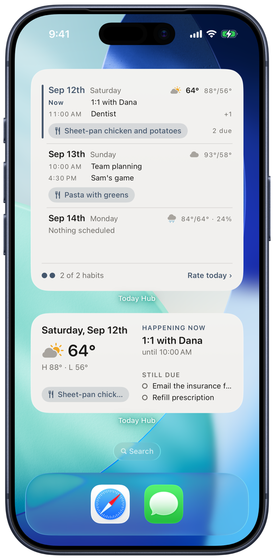 Three sizes on the Home Screen — Small keeps one line each for what's next, what's due and what's for dinner.
